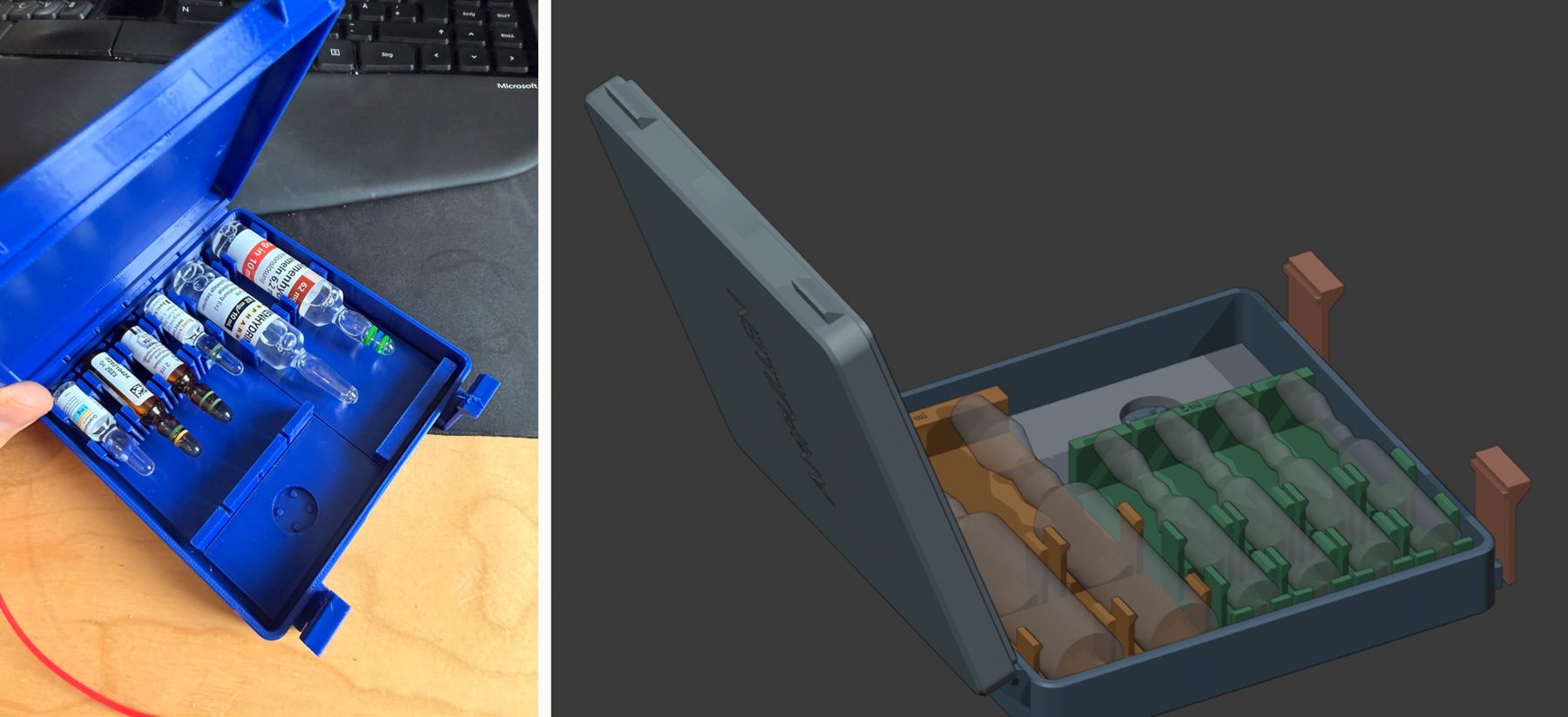 The finished case with its ampoules: print and CAD