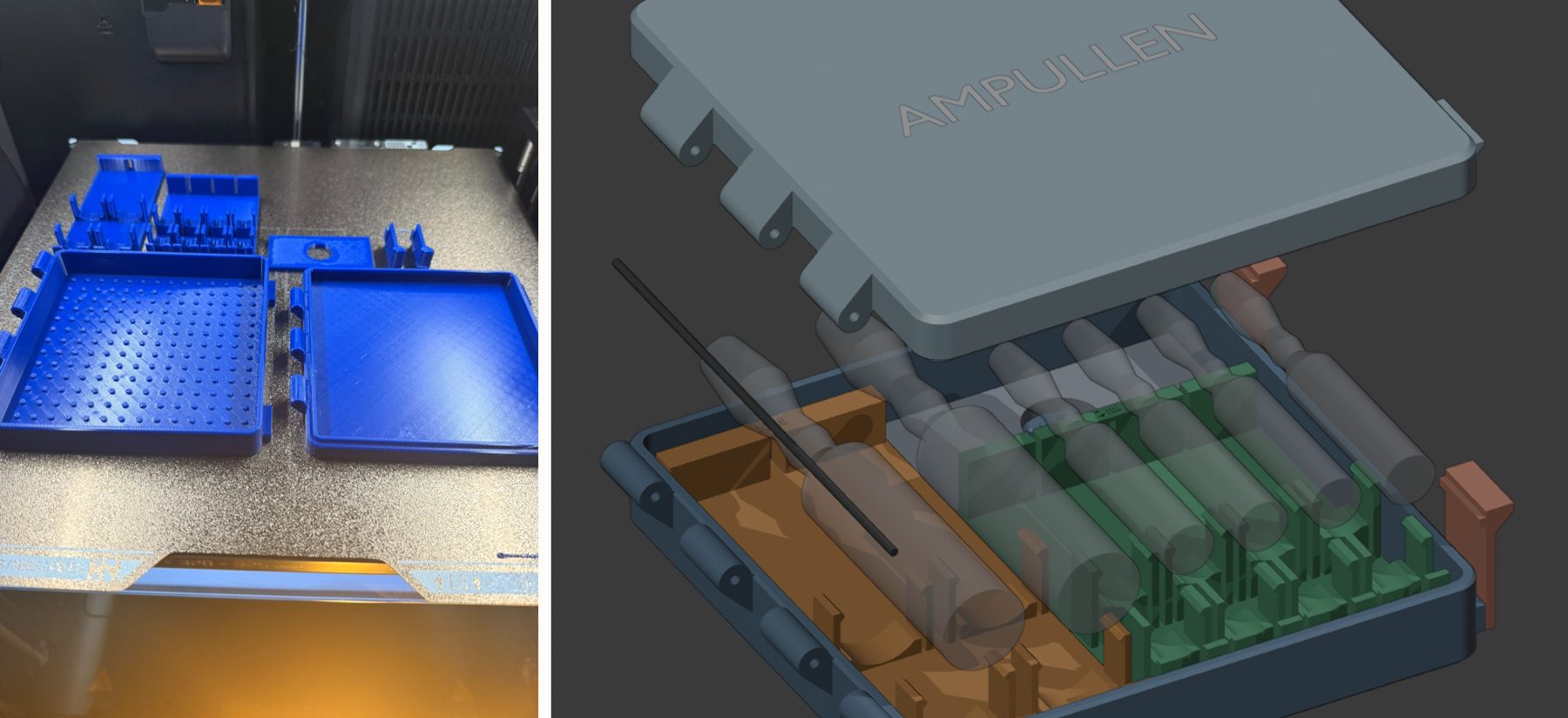 All parts on one PETG plate, and the same parts exploded in CAD