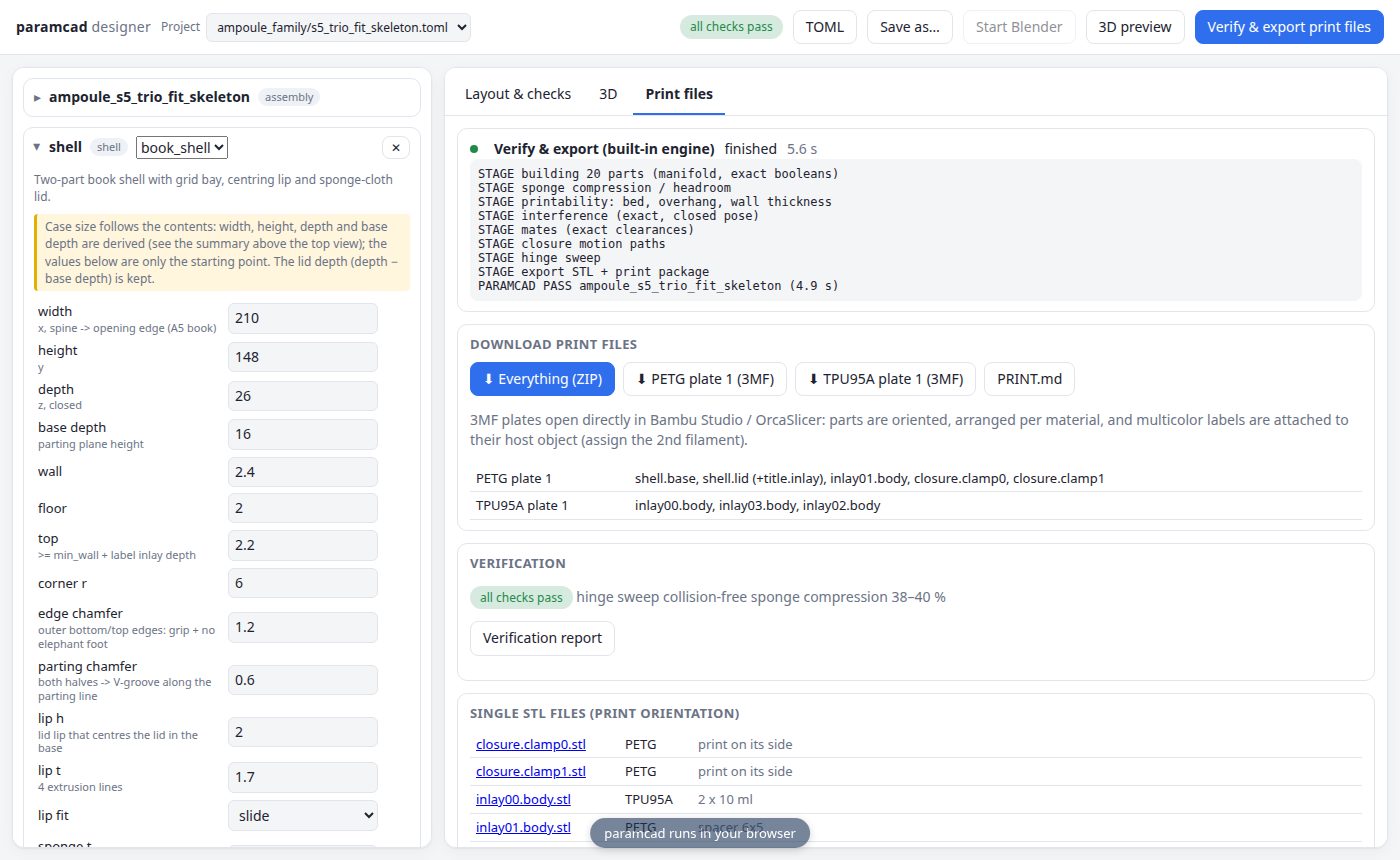 The same harness running in the browser: every check passes, and the 3MF plates are ready